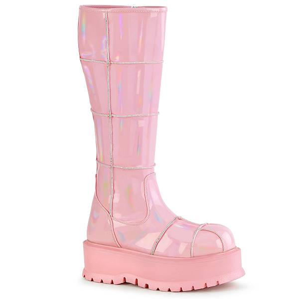 Demonia Slacker-230 Baby Pink Hologram Patent Stiefel Herren D452-798 Gothic Kniehohe Stiefel Pink Deutschland SALE